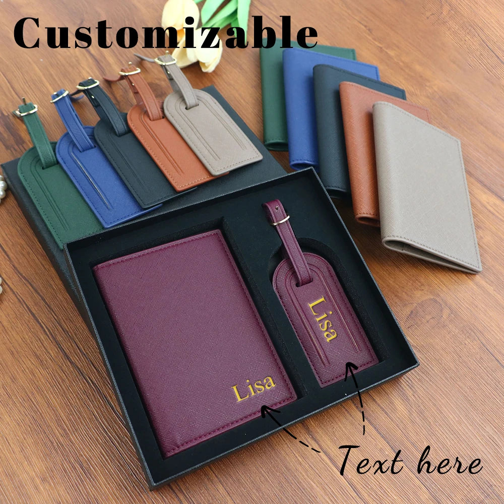 Customized name set, unisex Safiano PU leather passport holder and