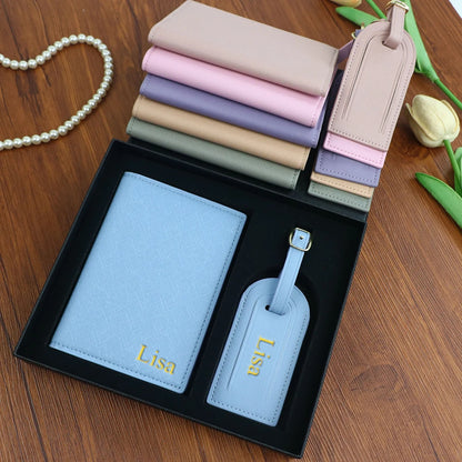 Customized name set, unisex Safiano PU leather passport holder and
