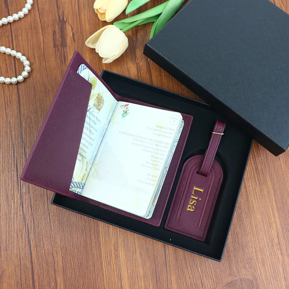 Customized name set, unisex Safiano PU leather passport holder and
