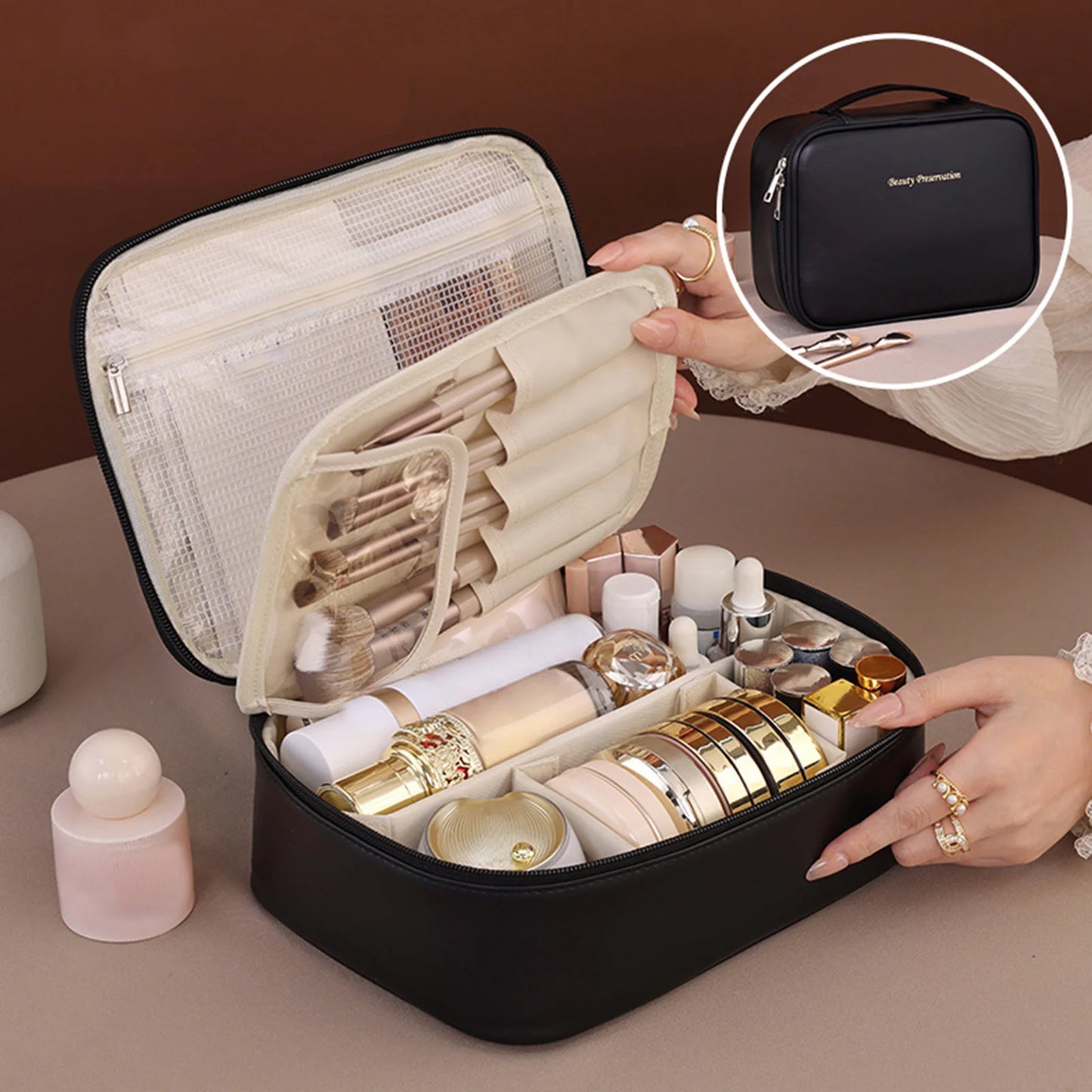 Large Capacity Travel Cosmetic Bag PU Leather Toiletry Multi-Layer