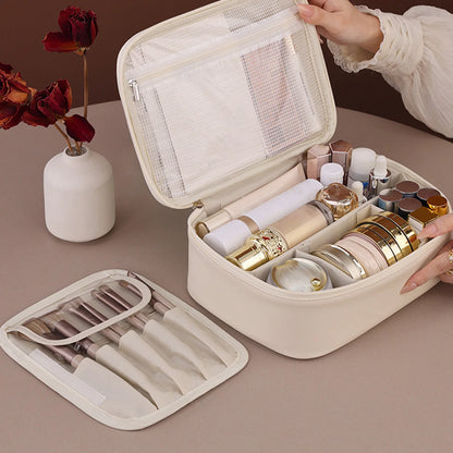 Large Capacity Travel Cosmetic Bag PU Leather Toiletry Multi-Layer
