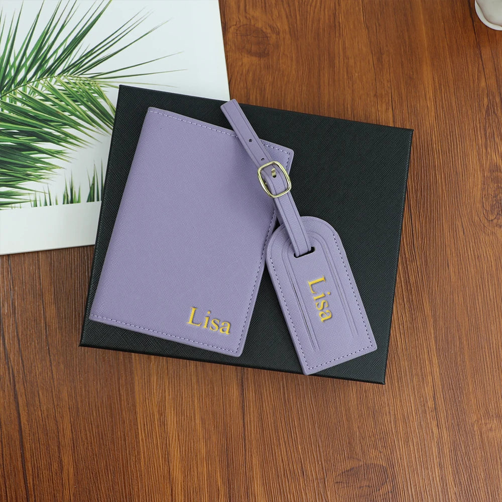 Customized name set, unisex Safiano PU leather passport holder and