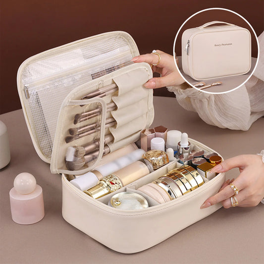 Large Capacity Travel Cosmetic Bag PU Leather Toiletry Multi-Layer